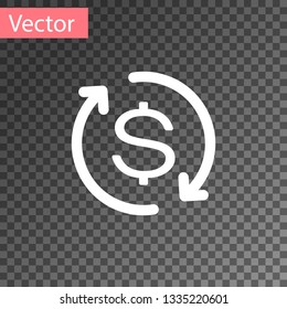 White Return of investment icon isolated on transparent background. Money convert icon. Refund sign. Dollar converter concept. Vector Illustration