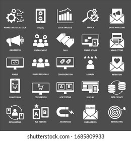 White, Reversed Digital Marketing Icon Set:  Includes Icons For The Entire Customer Journey,  Digital Marketing Technologies (martech) And Tactics And Touchpoints Used In The Customer Funnel.