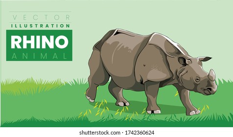 A white rhino / rhinoceros grazing in an open field vector