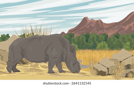 White rhino walking on sandy road at the foot of mountains. Realistic vector african landscape