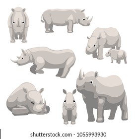 White Rhinoceros with Baby Cartoon Vector Illustration