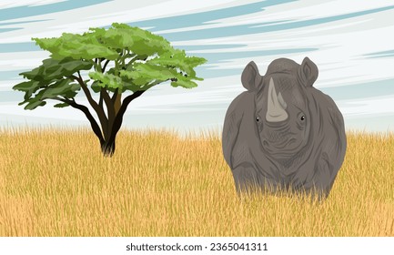 An white rhinoceros stands in the tall dry grass of the African savannah.Realistic vector landscape