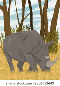 White rhinoceros stands in the tall dry grass of the African savannah near the bush. Sunset in Africa. Realistic vector vertical landscape