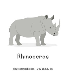 White rhinoceros vector illustration, cartoon clipart character, animal in flat style. Wild animals, wild creatures, wildlife concept. Rhino vector design isolated on white background