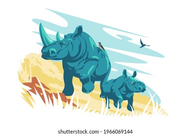 White rhinoceros wild animal vector illustration. Family of ceratotherium simum cottoni flat style. Greater one-horned rhinoceros in wild nature. Wildlife concept. Isolated on white background