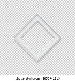 White rhombus frame for picture on transparent background. Blank space for picture, painting, card or photo. 3d realistic modern template vector illustration. Simple office object.