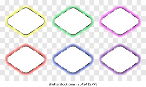 White rhombus shaped frames with rounded corners with multicolored led panel. Yellow, green, pink, red, blue, purple neon glow effect. 3d vector illustration isolated on transparent background. 