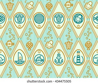 White rhombus and rhombus with the texture of water. The pattern of the rope. turquoise icons seabirds, marine equipment and facilities on the background of blue waves, seamless pattern