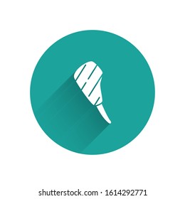 White Rib eye steak icon isolated with long shadow. Steak tomahawk. Piece of meat. Green circle button. Vector Illustration