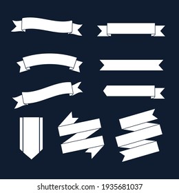 white ribbon banners and flags. Flag shape banner, decor tape and curved badge flat vector set. Collection of pennants, labels and streamers. Flaglike objects. Decorative elements, party attributes