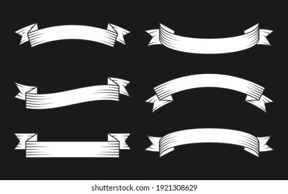 White ribbon with black contour line set. Old hipster style decorative banner tape in engraving. Different shape blank simple template flag for text price tag, sale label. Isolated vector illustration