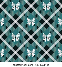 White ribbon bow and blue tartan plaid seamless background. eps10