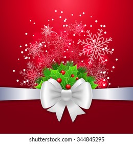 White ribbon,  bow and holly berry on red background. Vector illustration for Christmas posters, icons, Christmas greeting cards, Christmas print and web projects.