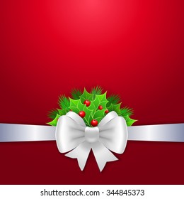 White ribbon,  bow and holly berry on red background. Vector illustration for Christmas posters, icons, Christmas greeting cards, Christmas print and web projects.