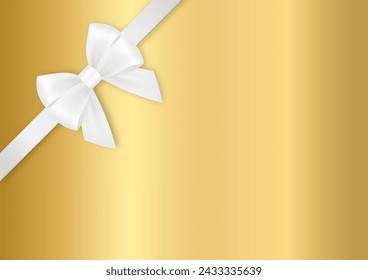 White Ribbon Bow on Golden Background for Christmas and New Year Event. Vector Illustration.