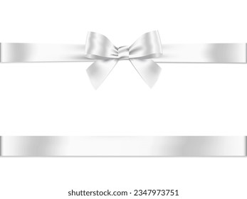 White ribbon bow realistic shiny satin Horizontal ,for decorate gift wrapping or card design , vector EPS10 design with copy space for your texts ,isolated on white background.