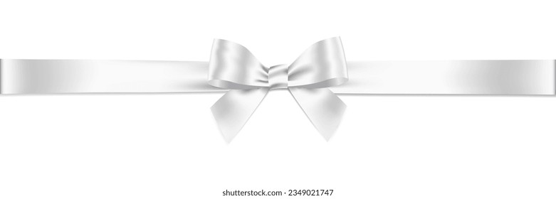 White Ribbon Bow Realistic shiny satin with shadow long horizontal ribbon for decorate your wedding invitation card ,greeting card or gift boxes vector EPS10 isolated on White background.