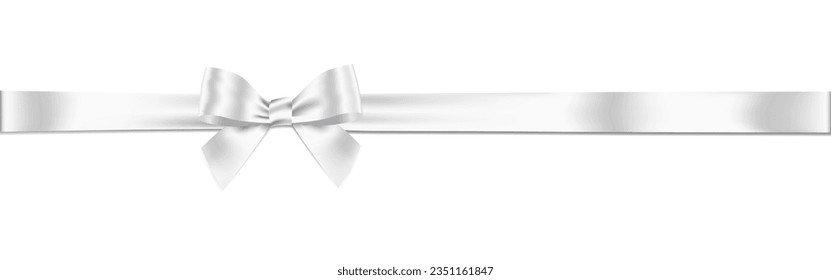 White Ribbon Bow Realistic shiny satin with shadow Long horizontal ribbon for decorate your wedding invitation card ,greeting card or gift boxes vector EPS10 isolated on transparent background.