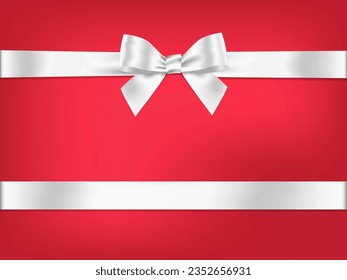 White Ribbon Bow Realistic shiny satin with shadow horizontal ribbon for decorate your wedding invitation card,christmas card or greeting card and gift boxes vector isolated on gradient red background