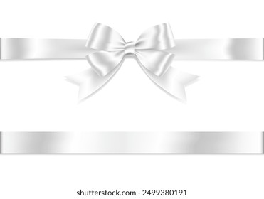 White Ribbon Bow Realistic shiny satin with shadow horizontal ribbon for decorate your wedding invitation card ,greeting card or gift boxes vector EPS10 isolated on white background.