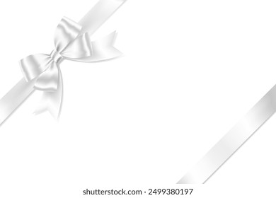 White Ribbon Bow Realistic shiny satin with shadow place on corner of paper for decorate your wedding invitation card ,greeting card or gift boxes vector EPS10 isolated on white background.