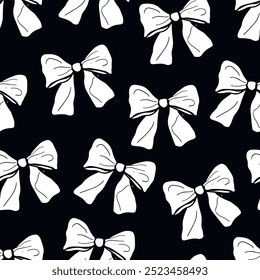 White ribbon bows. Hand drawn bows patterns. Black background. Gift wrapping.