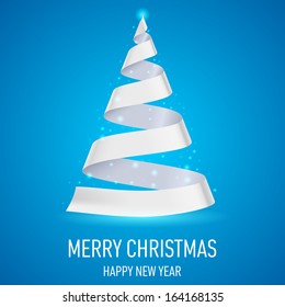 White ribbon Christmas tree on blue background. Greeting card. 