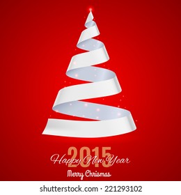 White ribbon Christmas tree on red background.  Greeting card 2015.
