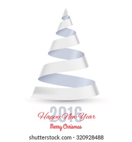 White ribbon Christmas tree on white background. Greeting card Twenty-Sixteen