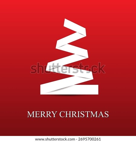 White Ribbon Christmas Tree on Red Gradient Background with Text – Holiday Vector Design. This festive composition is ideal for greeting cards, seasonal banners, or holiday-themed design projects. 