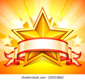 White ribbon and golden star on bright background.