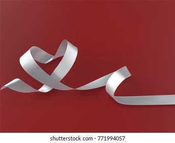 White Ribbon Heart Shape. Charity Or Love Story Vector Red Background. Valentine Day Concept, Design Template.