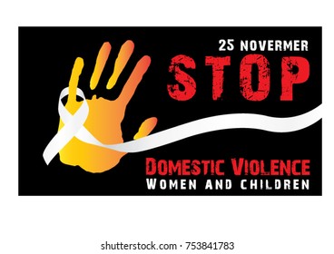 White ribbon and human hand with wording about "International Day for the Elimination of violence Against women" in poster and vector design isolate on black .background
