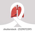 White Ribbon with Human lungs like a symbol of Lung Cancer Lung Cancer Awareness Month. Medical, health care and prevention concept. Vector illustration