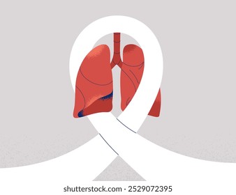 White Ribbon with Human lungs like a symbol of Lung Cancer Lung Cancer Awareness Month. Medical, health care and prevention concept. Vector illustration