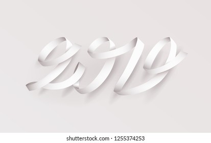 White ribbon Inscription Happy new year 2019 on white background. Colorful inscription with 3d effect. Vector illustration.
