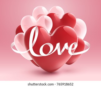 White ribbon of Love with red heart and white transparent balloon on pink background; happy valentine's day concept; vector art and illustration.