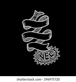 White ribbon on the black background. Chalk board. Vector illustration.