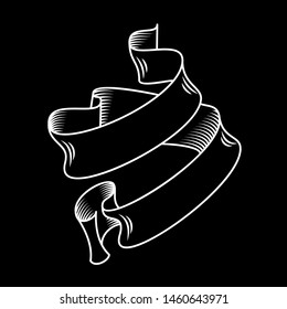 White ribbon on the black, hand drawn detailed vector scroll in outline or contour drawing. Single isolated illustration of one retro short ribbon in vintage style for two words, bold line