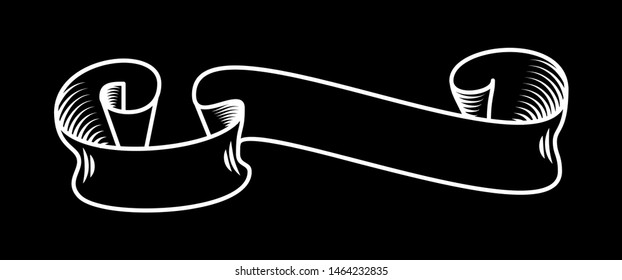 White ribbon on the black, hand drawn detailed vector scroll in outline or contour drawing. Single isolated illustration of one retro short ribbon in vintage style for two words, bold line