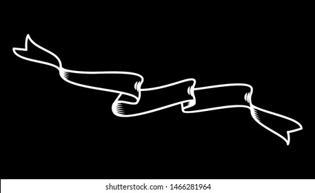 White ribbon on the black, hand drawn detailed vector scroll in outline or contour drawing. Single isolated illustration of one retro short ribbon in vintage style for three words, bold line