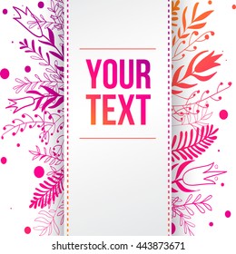 White ribbon on the bright background of branches and flowers. Vector banner. Good to use for web design and printing.