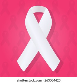 White ribbon on pink background awareness