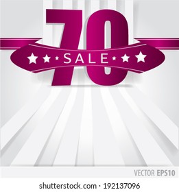 White Ribbon with text sale 70 percent and stripes as a background