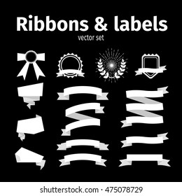White ribbons and labels set on the black background. Vector illustration