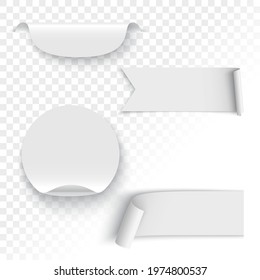 White ribbons, tag and sticker on transparent background. Vector illustration.