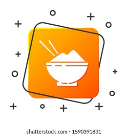 White Rice in a bowl with chopstick icon isolated on white background. Traditional Asian food. Orange square button. Vector Illustration