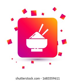 White Rice in a bowl with chopstick icon isolated on white background. Traditional Asian food. Square color button. Vector Illustration