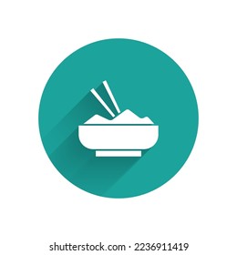 White Rice in a bowl with chopstick icon isolated with long shadow. Traditional Asian food. Green circle button. Vector