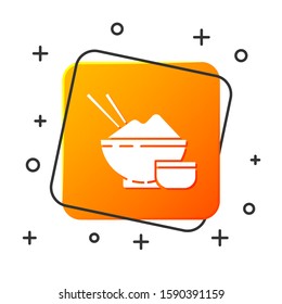White Rice in a bowl with chopstick and sauce icon isolated on white background. Traditional Asian food. Orange square button. Vector Illustration